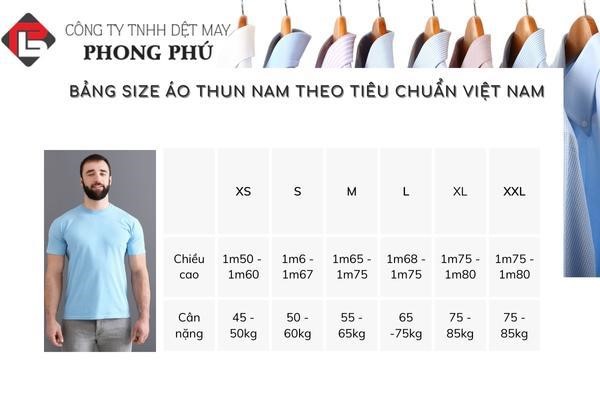 Size áo thun nam theo tiêu chuẩn Việt Nam